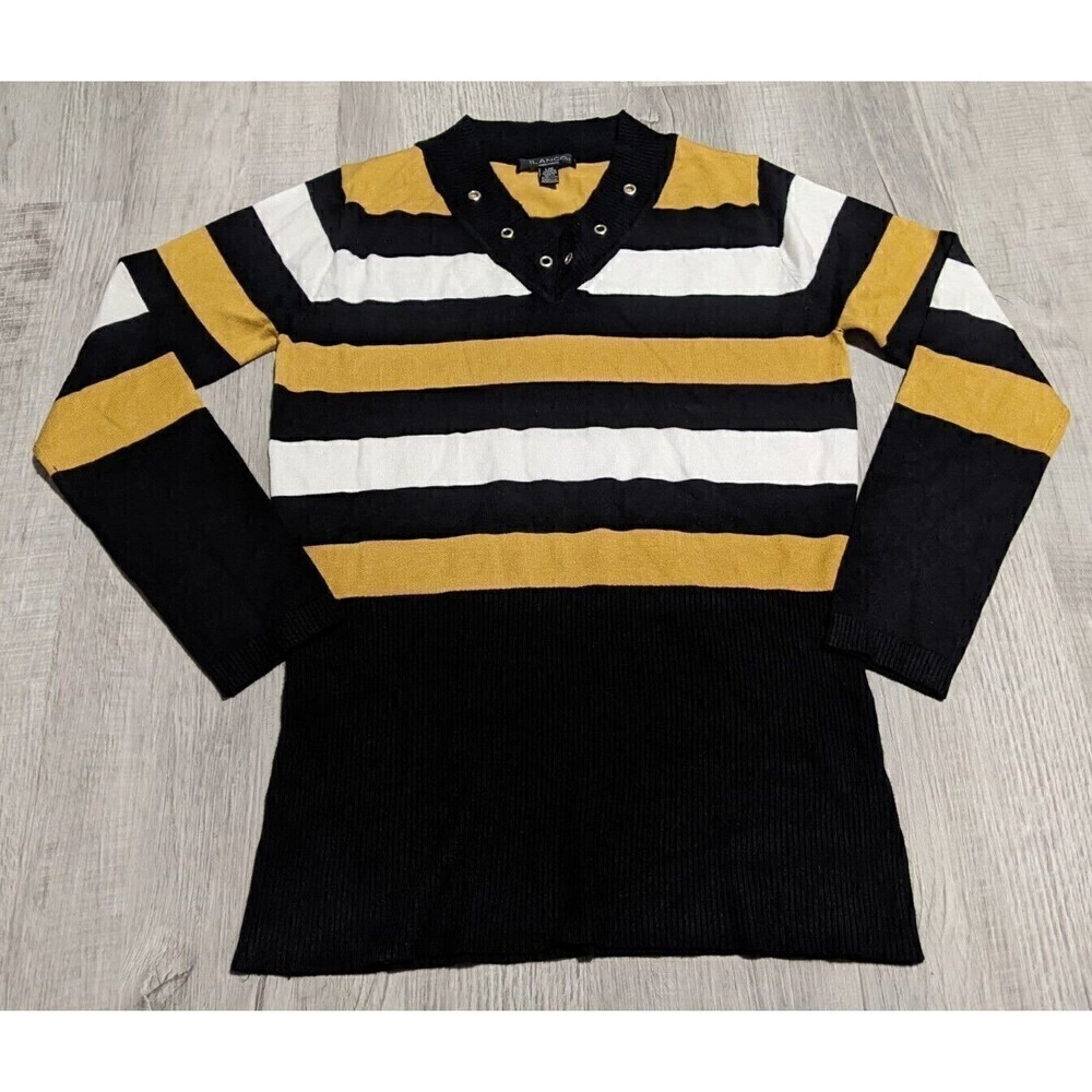 Ilanco Knit Tricot Women's Sz L Yellow Black White Stripe Top Viscose Sweater